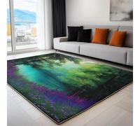 Rug Living Room Teal, Non-Slip Underside Area Rugs for Bedroom Anti Slip 80 x 150 cm, Quality Charming Delicate Forest Printed Flannel Carpet with Durable Edge Binding