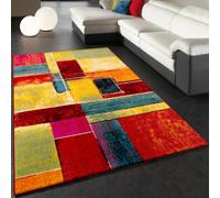 Rug Modern Canvas Look Designer Carpet Colourful Checkered Cream Green Red Blue
