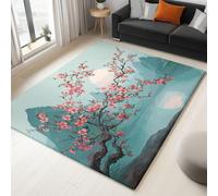 Rug Non-Slip Floor Mats, Washable Home Fast Dry Area Rugs Carpets 120 x 180 cm, Low Pile Soft Peach Blossoms Leaves Bright Moon Lake, for Bathroom Dining Room Bedroom Hall Lounge Office Light Green