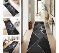 Rug Runner Hallway Kitchen Non-Slip Washable Carpet Runners Hallway Geometric 70X500CM Black Silver Modern Design Sold by the Metre Runners for Corridor Living Room Dining Room Bedroom Door Mat