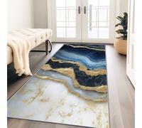Rug Runners for Balcony Laundry, Luxury Gold Leaf Stripes Marble Printed Soft Durable Decorative Stylish Washable Runner Rug Hallways, Blue Non Slip Kitchens Living Rooms Carpet - 65 x 240 cm