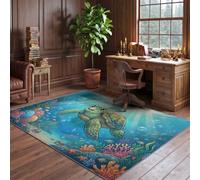 Rug Sea Turtle Coral Fish Pattern160 × 230 cm Washable Carpet for | BlueRug Sea Turtle Coral Fish Pattern160 × 230 cm Washable Carpet for Coastal Watercolour Style