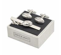 Rugby Ball Cufflinks and Tie Bar Set for Men - Onyx Art TBC18 Silver-Tone 3D Cuff Links with Matching Tie Clip, Rugby Player & Fan Novelty Gift, In Premier Life Packaging