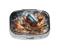 Rugby On Fire Square Pill Box with Full Print Design - Portable Metal Travel Case for Vitamins & Medication, 2.2x1.6x0.7 Inch.