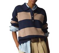 Rugby Polo Sweater for Women Striped Collared Sweaters Shirt Long Sleeve Knit Y2K Casual Pullover Top, Navykhakicombo, S