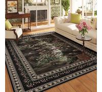 Rugcomf 5x7 Area Rugs Impressionist-Style Vintage Washable Area Rug Non Slip Low Pile Large Rugs for Living Room Bedroom Farmhouse Dining Room Kids Playroom, Black