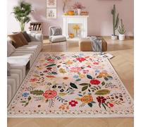 Rugcomf 5x7 Faux Wool Boho Floral Vintage Low Pile Rectangular Area Rug for Living Room, Bedroom, Dining Room, Kids Playroom, Beige