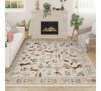 Rugcomf Area Rugs 8x10 Rug for Living Room Clearance Washable Boho Area Rug Non Slip Floral Animal Vintage Low Pile Large Rug for Living Room, Bedroom, Farmhouse, Dining Room, Kids Playroom (Beige)