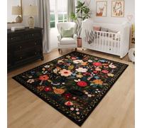 Rugcomf Bedroom Rug 3x5 Rug Washable Area Rug Non Slip Low Pile Boho Floral Small Carpet for Bedroom, Bedside, Kitchen, Entryway, Kids Room, Office, College Dorm Essentials for Girls(Black)