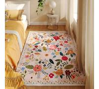 Rugcomf Bedroom Rug 3x5 Rug Washable Area Rug Non Slip Low Pile Boho Floral Small Carpet for Bedroom, Bedside, Kitchen, Entryway, Kids Room, Office, College Dorm Essentials for Girls(Beige)