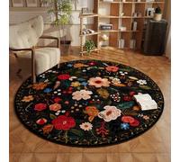 Rugcomf Round 4ft Washable Circle Rug Non Slip Low Pile Boho Floral for Bedroom, Bathroom, Entryway, Kids Room, Office, College Dorm (Black)