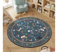 Rugcomf Round Area Rug 4ft Washable Non Slip Animal Cat, Pearl Gentian Blue | Floral Low Pile Polyester Soft Circle Carpet for Bedroom Bedside Office College Dorm Classroom Playroom Kid Bathroom