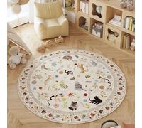 Rugcomf Round Rug 4ft Washable Circle Rug Non Slip Low Pile Boho Floral Animal Cat Small Circular Rug for Bedroom Bathroom Entryway Kids Room Office College Dorm, Beige