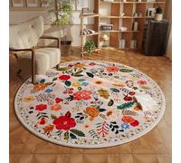 Rugcomf Round Rug 4ft Washable Circle Rug Non Slip Low Pile Boho Floral Small Circular Rug for Bedroom, Bathroom, Entryway, Kids Room, Office, College Dorm(Beige)