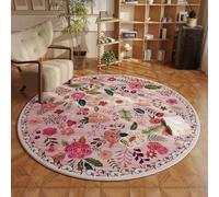 Rugcomf Round Rug 4ft Washable Circle Rug Non Slip Low Pile Boho Floral Small Circular Rug for Bedroom, Bathroom, Entryway, Kids Room, Office, College Dorm(Pink)