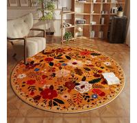 Rugcomf Round Rug 4ft Washable Circle Rug Non Slip Low Pile Boho Floral Small Circular Rug for Bedroom, Bathroom, Entryway, Kids Room, Office, College Dorm(Yellow)