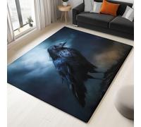 Rugs 80 x 150 cm Washable, Soft Comfy Fluffy & Faux Fur Short Pile Floor Carpet, Rug for Bedroom Non Slip Rubber Backing, Raven Night Mystery Wisdom Feathers, for Kids Girls Room Living Room