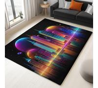 Rugs Anti Slip Washable Polyester Area Rug, Carpet Floor Mat, 140 x 200 cm Modern Extra Large Size Soft Short Medium Pile, Neon Lights Skyscrapers City Future Magic, for Boys Kids Bedroom Playroom