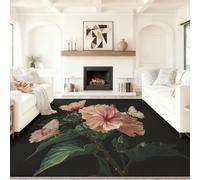 Rugs for Bedroom Living Room 60 x 90 cm, Pink Black Soft Area Rugs with Non-Slip Backing, Machine Washable, Oil Painting Flowers Butterflies Hibiscus Printed Low-Pile for Kitchen Dining Room Office