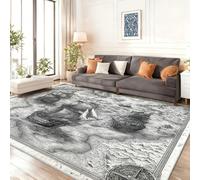 Rugs for Bedroom Living Room 80 x 150 cm, Gray-Black Soft Area Rugs with Non-Slip Backing, Machine Washable, Fantasy Hand-Painted Map Sailing Ship Printed for Kitchen Dining Room Laundry Office