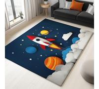 Rugs for Living Room - 140 x 200 cm Soft Low Pile Fluffy Non Slip Area Rugs for Bedroom Dining Room Lounge, Cartoon Space Rocket Planet Durable Non-Shedding Floor Carpet, Dark Blue
