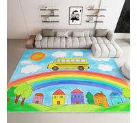 Rugs for Living Room Crayon Drawing Rainbow School Bus Large Area Rug 120x170 cm, Machine Washable Non Slip Blue Carpet for Bedroom Bedside Hallway Office