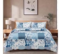 Rugs Garden Patchwork Quilt Bedspread - Reversible Floral Cotton Bed Cover with 2 Pillow Shams - Lightweight Quilted Throw (Double, Ice Blue)