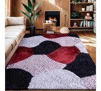 Rugs Inn Pona Rug - Extra Large Soft Shaggy Area Carpet, Dense Thick Pile with Geometric Design for Bedroom, Living Room, Dining Room, and Hallway Kitchen (Red Grey Silver, 160x230 cm)