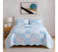 Rugs Inn Quilt Patchwork Bedspread 2 Piece Set - Coverless Quilted Bedspread, Reversible, Lightweight Quilt Comfort with 2 Pillow Sham (Floral Blue, King)