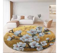 Rugs Living Room 120cm, Short Pile East Style Round Area Rug for Bedroom Kitchen Hallway - Washable Non-Slip No Shedding Elegant Plant Flowers Leaves Printed Round Carpet Color