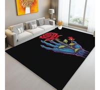 Rugs Living Room 140 x 200 cm Washable Short Pile Area Rugs for Living Room, Modern Digital Art Abstract Roses Skeleton Hands Non-Slip Carpet Floor for Bedroom Machine - Washable Rug Flannel Black