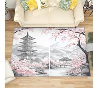 Rugs Living Room 140x200 cm Traditional Japanese Architecture Non-Slip Washable Area Rug for Bedroom Pink Cherry Blossom Large Thin Short Low Pile Floor Carpet for Office Bathroom Dinning Playroom