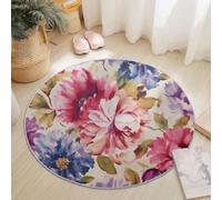 Rugs Living Room 180cm, Short Pile East Style Round Area Rug for Bedroom Kitchen Hallway - Washable Non-Slip No Shedding Retro Watercolor Botanical Floral Printed Round Carpet Color