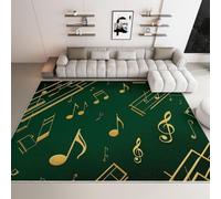Rugs Living Room 80x150 cm, Musical Notes Lines Gold Area Rugs, Soft Touch, Anti-Slip Backing, Dark Green Washable Carpet, Ideal For Bedroom Playroom Kids Room Home Decorative