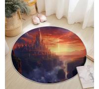 Rugs Living Room 90cm, Short Pile Fantasy Style Round Area Rug for Bedroom Kitchen Hallway - Washable Non-Slip No Shedding Sunset Magic Castle Cliff Printed Round Carpet Color