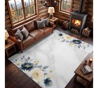 Rugs Living Room Ink Wash Floral Leaf Pattern 120 × 160 cmWhite | Washable Area French Elegance Thick Carpet for Bedroom Abstract Soft Non Slip Low Pile Kid Pet Friendly Indoor