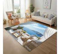 Rugs Living Room - Mediterranean Architecture Scenery Printed Bedroom Carpet 140x200cm Non Shedding Modern Floor Mats and Rugs Soft Touch Non Slip Rug Nautical Rocks Blue Large Rug