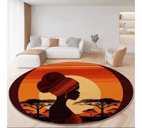 Rugs Living Room Round 100 Cm Ethnic Style Orange Color People Silhouette Baobab Tree Sunset Washable Circle Area Rugs Bedroom Carpet Round Short Pile 7Mm Thin Anti Slip For Dining Room Kids Room