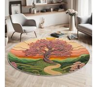 Rugs Living Room Round 100Cm Cherry Blossom Trees On The Hill Sunset Scenery Pink Green Washable Circle Area Rugs Bedroom Carpet Round Short Pile Thin Anti Slip For Dining Room Kids Room Hallway
