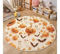 Rugs Living Room Round 130 Cm Halloween Pumpkin Washable Circle Area Rugs Bedroom Carpet Round Short Pile Beige Thin Anti Slip For Kids Room Hallway Bathroom Office, Bats, Ghosts