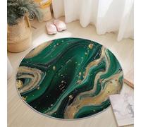Rugs Living Room Round 150 cm Abstract Glitter Marble Emerald Green Gold Washable Circle Area Rugs, Bedroom Carpet Round Short Pile Anti Slip for Dining Room Kids Room Hallway