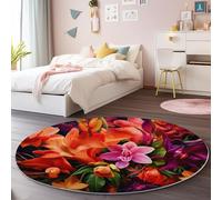 Rugs Living Room Round 150 cm Floral Orchid Lily Washable Circle Area Rugs, Bedroom Carpet Round Short Pile Thin Anti Slip for Dining Room Kids Room Hallway, Colorful