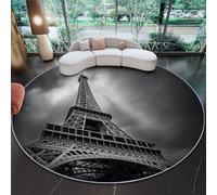 Rugs Living Room Round 160 cm, Romantic Eiffel Tower Architecture Clouds Black Washable Circle Area Rugs, Bedroom Carpet Round Short Pile Anti Slip for Dining Room Kids Room Hallway