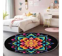 Rugs Living Room Round 180 cm Psychedelic Mandala Washable Circle Area Rugs, Bedroom Carpet Round Short Pile Thin Anti Slip for Dining Room Kids Room Hallway, Colorful