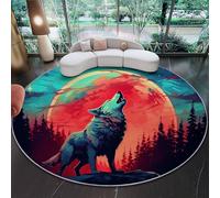 Rugs Living Room Round 180 Cm Red Wildness Wolf Full Moon Washable Circle Area Rugs Bedroom Carpet Round Short Pile 7Mm Thin Anti Slip For Dining Room Kids Room Hallway