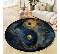 Rugs Living Room Round 180 Cm Tai Chi Symbol Washable Circle Area Rugs Bedroom Carpet Round Short Pile Dark Blue Thin Anti Slip For Kids Room Hallway Bathroom Office, Ice Fire Elements