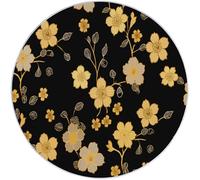 Rugs Living Room Round 210 cm Elegant Japanese Cherry Blossoms Washable Circle Area Rugs, Bedroom Carpet Round Short Pile Thin Anti Slip for Dining Room Kids Room Hallway, Yellow Black