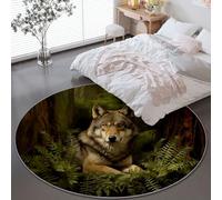 Rugs Living Room Round 60 cm - Fantasy Forest Animals Wolf Dark Green Washable Circle Area Rugs, Bedroom Carpet Round Short Pile Anti Slip for Dining Room Kids Room Hallway