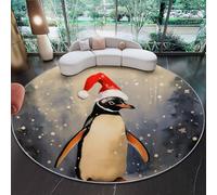 Rugs Living Room Round 90 cm - Christmas Holiday Penguin Grey Washable Circle Area Rugs, Bedroom Carpet Round Short Pile Anti Slip for Dining Room Kids Room Hallway