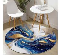 Rugs Living Room Round 90 cm, Gold Lines Abstract Swirl Washable Circle Area Carpet Round Short Pile Anti Slip Rug for Living Room Bedroom Dining Room Kids Room, Hallway - Blue